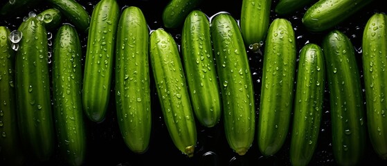 Glistening Garden Fresh Cucumbers with Water Droplets on Dark Surface