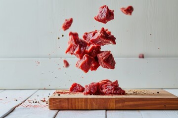 The magic of food photography: suspended beef slices above a wooden cutting board