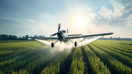 Crop Duster plane spraying crops. Spraying chemicals for accelerated crop growth. Dirty agribusiness. - obrazy, fototapety, plakaty