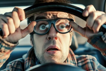 Playful Road Trip: Behind the wheel, a man engages in playful antics, using his hands as imaginary binoculars, adding a dose of humor to his journey