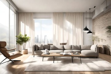 Fototapeta na wymiar A minimalist living room with sleek furniture, bathed in natural light, highlighting modern design elements.