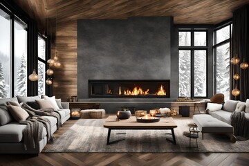 Cozy modern winter living room interior with a modern fireplace in a chalet