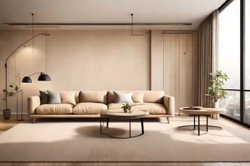 Japandi living room interior with cozy beige couch, modern minimalist design of apartment