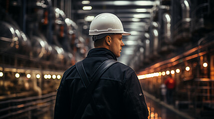 A smiling and confident factory worker - engineer - walking through a manufacturing plant 