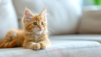 Cute red kitten lying on a light sofa and looks away
