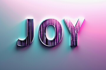The word "joy" radiates luminosity on a pink and purple canvas, crafted from reflective glass or metal. This elegant design merges sophistication with the vibrant essence of joy