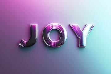 Witness the radiant presence of the word "joy" on a pink and purple background, fashioned from reflective glass or metal.