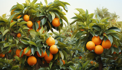 Fresh orange fruit on a green tree, nature healthy sweetness generated by AI