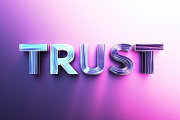 Radiant against a pink and purple backdrop, the word "trust" takes form in reflective glass or metal.