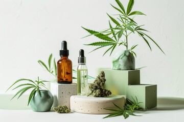 This is a minimalist image that features objects creating a composition likely related to cannabis and cannabis-based products.  - obrazy, fototapety, plakaty