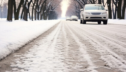 Driving on snowy roads, vanishing point ahead generated by AI