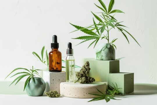 This is a minimalist image that features objects creating a composition likely related to cannabis and cannabis-based products. 