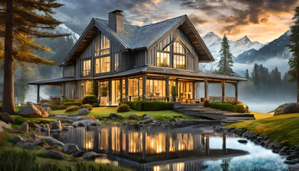 A gray ranch-style model house, farmhouse on meadow hill.