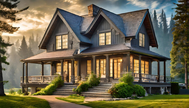 A gray ranch-style model house, farmhouse on meadow hill.