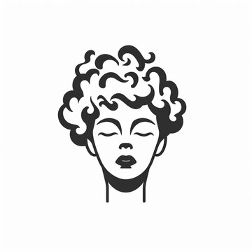 black and white logo of females head with curly hair