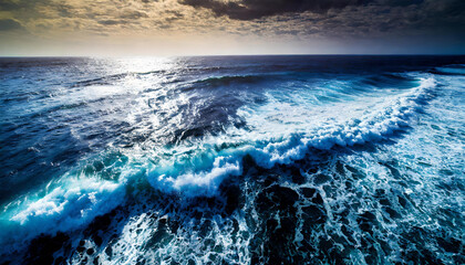 High contrast Aerial view to ocean waves. Blue water background