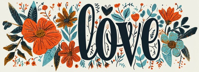 Floral Typography Vintage Illustration , illustration depicting the word 'LOVE' with floral embellishments and a rustic background, banner, greeting card, design template - obrazy, fototapety, plakaty