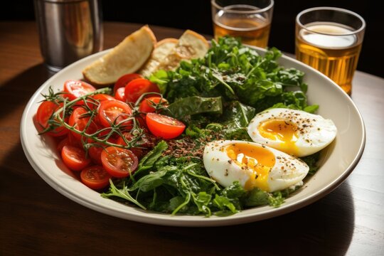Healthy plate! A diet menu featuring a fresh salad with tomatoes, eggs, and onions.