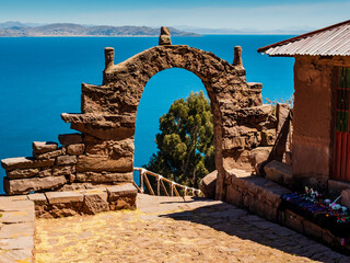 Amazing landscape on island Taquile with typical stone arch, Lake Titicaca, Puno region, Peru
- 708717906