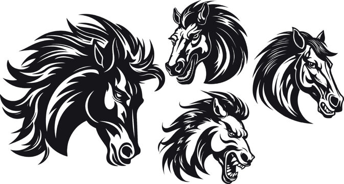 angry colt set , horse silhouettes. vintage logo line art concept. great set collection clip art Silhouette , Black vector illustration on white background.