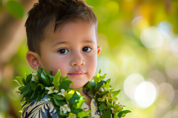 A young boy with a heartfelt smile is wearing a traditional lei and a patterned shirt, symbolizing a festive spirit in a lush, sunlit garden.