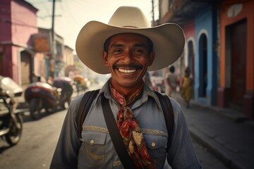 Smiling man in a traditional sombrero hat on the street