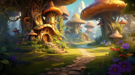 Enchanted forest scene with whimsical mushroom houses and lush flora. Fantasy art illustration.