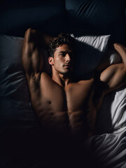 Man Lying in Bed Without Shirt, Relaxed and Comfortable. Generative AI. - 708718705