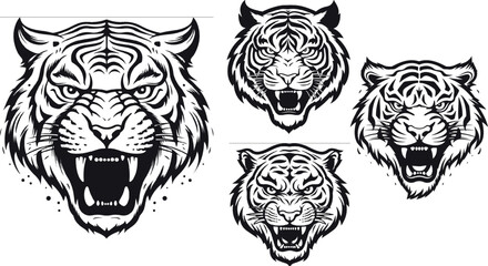 angry tiger, set of tiger head tattoo. logo concept, great set collection clip art Silhouette , Black vector illustration on white background. - obrazy, fototapety, plakaty