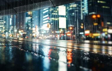 Fototapeta na wymiar Blurred motion, rain, dusk, city lights, traffic generated by AI