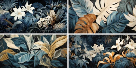 Fotobehang  Floral tropical wallpaper. Background for the wall. Vector illustrations of trendy flowers, palm leaves, nature, monstera and plants in muted colors for a greeting card, poster or banner © Ardea-studio