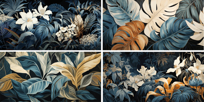  Floral tropical wallpaper. Background for the wall. Vector illustrations of trendy flowers, palm leaves, nature, monstera and plants in muted colors for a greeting card, poster or banner