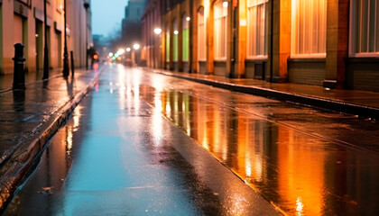 Fototapeta na wymiar City street at dusk, car lights reflect on wet road generated by AI