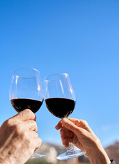 Vertical shot of mature hands toasting with wine over blue sky