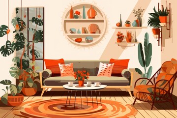 The living room in the house with large windows and decorated in Boho style, cozy home interiors, illustration