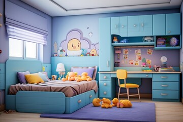 Bright Colorful Childrens Room Interior with Modern Furniture and Toys on Sunny Day