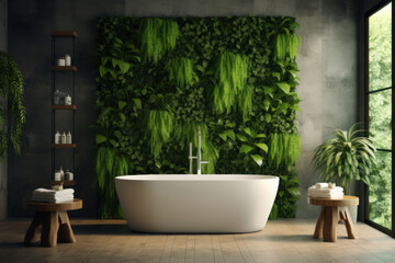 Stylish bathroom interior with bathtub. Background from leaves and plants. Plant wall with lush...
