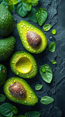 Avocados On Black Backdrop With Water Drops