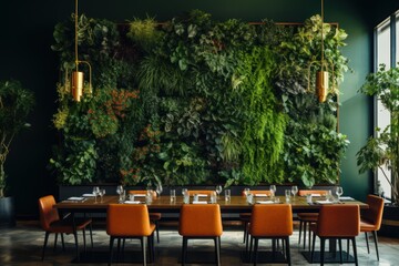 Fototapeta premium Dining room with vertical garden on the wall. Architecture, decor, eco concept