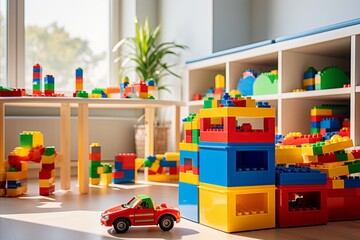 Bright Colorful Childrens Room Interior with Modern Furniture and Toys on Sunny Day
