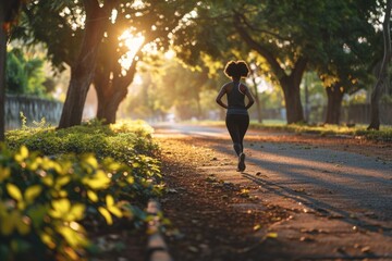 Fototapeta premium a woman jogging in the park on a sunny morning. Healthy lifestyle.