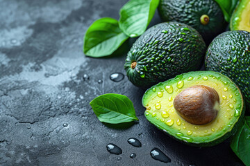 Avocado On Black Surface With Water Drops