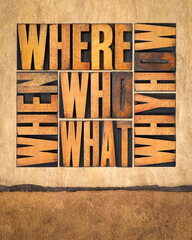 who, what, how, why, where, when, questions  -  brainstorming or decision making concept - a...
