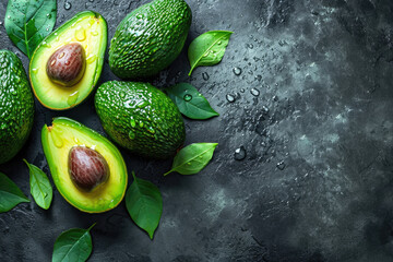 Avocados On Black Surface With Water Drops