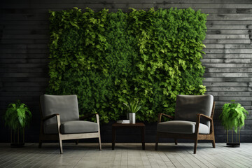 Stylish living room interior with comfortable armchairs, coffee table. Vertical garden - wall design of green plants. Architecture, decor, eco concept