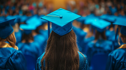 Graduate woman students wearing graduation hat and gown, back view of graduate student girl hug future and look up to copy space, she wear graduation cap and gown ,asian woman - obrazy, fototapety, plakaty