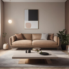 A contemporary interior with minimalist furniture and neutral colors, creating an atmosphere of calm and sophistication.