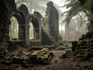 Mysterious castle ruins, a reminder of the past, exuding a sense of history and intrigue. - obrazy, fototapety, plakaty