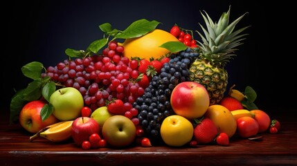 Naklejka na ściany i meble Many different fruits on a dark background