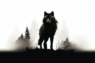 Black and White Silhouette of a wolf with mountain and tree foggy black and white background forest generative ai
